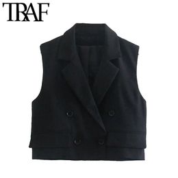 Women Fashion Double Breasted Cropped Vest Coat Vintage Lapel Collar Sleeveless Female Waistcoat Chic Tops 210507