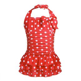 One-Pieces Kids Girls Children Summer Swimwear Beachwear Adjustable Halter Polka Dots Ruched Tiered Swimsuit Bathing Suit Swimming Outfit