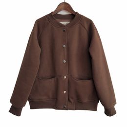 Johnature Women Casual Baseball Uniform Fleece Warm Jackets Stand Button Long Sleeve Autumn Pockets 8 Color Female Coat 210521