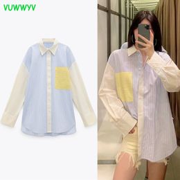 VUWWYV Blue Oversized Striped Poplin Women Shirt Summer Casual Long Sleeve Button Up Shirts Woman Front Pocket Tops 210430