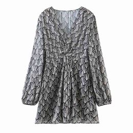 Arrival Floral Print Dresses For Women V Neck A Line Mini skirt Lantern Long Sleeve Chiffon Dress Sundress 210531