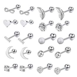 16G Stainless Steel Moon Heart Cross Rose Ear Barbell Helix Tragus Cartilage Earring Set Body Piercing Jewelry For Men and Women