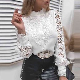 Women Sexy Lace Patchwork Hollow Out T-Shirt Long Sleeve Crew Neck Button Mesh Design Tops Spring Fashion White Vintage T Shirts 210324