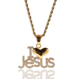 Chains Hip Hop Men's Iced Out I Love Jesus Christ Pendant Necklace Street Dance Jewellery Gift For Him With Rope Chain