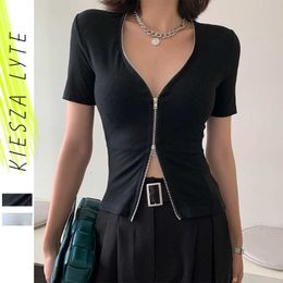 Sexy Women T shirt Zipper Slim Knitted Solid Black White Short Sleeve Skinny Basic Cropped Tops Streetwear Femme Outfit 210608