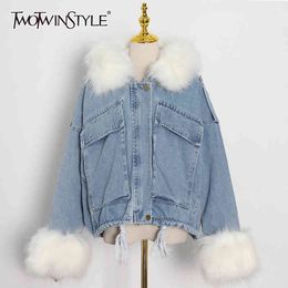 TWOTWINSTYLE Casual Patchwork Fluff Denim Jacket For Women Hooded Collar Long Sleeve Thick Coats Female Fashion Clothing Winter 210517
