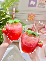 Strawberries Water Bottles Plastic Lovely Girl Milk Student Portable Water Cup Summer Bottle with Straw