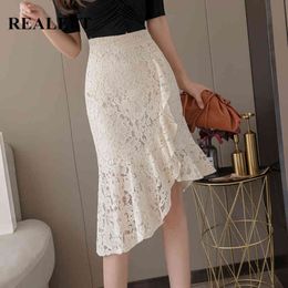 Spring Summer Lace Crochet Elegant Ruffles Women Pencil Midi Skirts High Waist Sheath Wrap Office Lady 210428