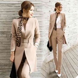 Pant Suits For Women Blazer Set Autumn Lady Business Office Work Korean Style Uniform V-neck Long Jacket Elegant Pants 210519