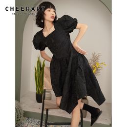 Puff Sleeve Square Neck Tunic Dress Black Asymmetrical Summer Elegant Short Ruched Ladies s 210427