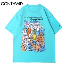 T-Shirts Cartoon Bears Print Cotton Streetwear Harajuku Hip Hop Casual Tees Shirts Mens Fashion Short Sleeve Loose Tops 210602