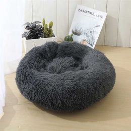Cat Beds Round Comfy Calming Dog For s Soothing Anti Anxiet House Fleece Marshmallow Cushion 211111