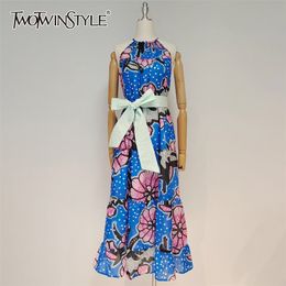 Print Lace Up Bowknot Dress For Women Halter Sleeveless High Waist Vintage Slim Midi Dresses Female Summer 210520