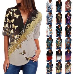 Women's T-Shirt Zipper V-neck T-shirts Plus Size Work Tops Women Vintage Floral Print Shirts Cotton Fit Dot Mujer Blusas Clothing