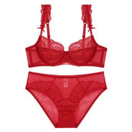 NXY sexy setSexy Plus Size Lace Ultra Thin Transparent Bra and Panty Set Underwear with Stones Women Lingerie A B C D E Cup 95C 95D 2021 1127