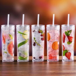 Skinny 18oz Fashionable Double Layer Straw Cups Transparent Plastic Water Bottle Straight Cup with Cover T500524