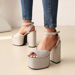Ladies 14CM new leather style suede 2022 lady chunky high heel sandals diamond 6CM platform peep-toe wedding party shoes Ankle Strap Mary Jane buckle size 34-43 82