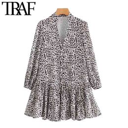 Women Chic Fashion Leopard Print Ruffled Mini Dress Vintage V Neck Long Sleeve Female Dresses Vestidos Mujer 210507