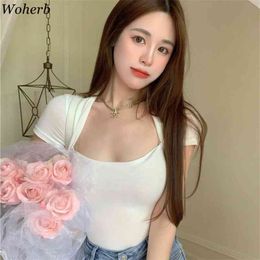 Crop Top Women Elegant Short Sleeve T Shirts White Square Collar Knitted Basic Tees Summer Thin Slim Stretch Tshirts 210519