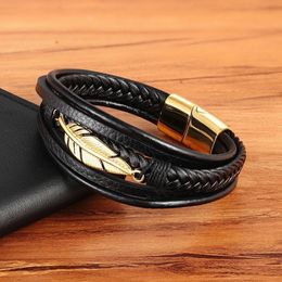 Charm Bracelet Men Multilayer Leather Braided Rope Stainless Steel Feather Leaf Magnetic Clasp Bangle Punk Jewelry with a velvet bag