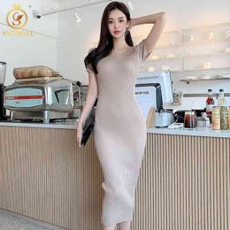 Fashion Korean Chic Summer Dress Sexy V-Neck Short-Sleeved Slim Knitted Vestidos Female Clothes 210520