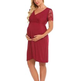 New Fashion Pregnant Womens Nursing Nightgown Pregnancy Dress Lace Splice Maternity Dress Nightdress in Women's Nightgowns Y0924