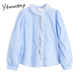 Yitimuceng Lace Blouse Women Flower Shirts O-Neck Puff Sleeve Clothes Solid Blue Spring Summer Korean Fashion Tops 210601