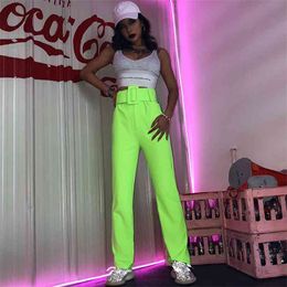 OMSJ флуоресцентные зеленые женщины повседневная высокая талия брюки с пояс уличной одежды осенние прямые брюки неоновые панталон Femme 210517
