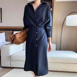 Solid Elegant Dress Women Autumn Long Sleeve Retro Midi Dress Female Office Lady Button Hight Street Korean Dress Women New 210325