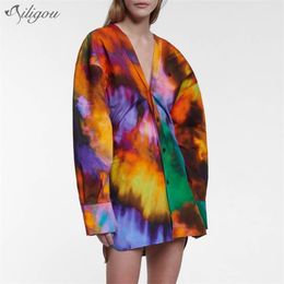 Summer Fashion Designer Printed Women'S Dress Single-Breasted Long-Sleeved Mini V-Neck Casual 210525