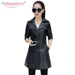 Aelegantmis High Quality PU Leather Trench Coat Women Spring Long Sleeve Outwear Office Lady Slim Plus Size 4XL 210607