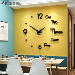 MEISD Large DIY 3D Number Wall Clock Mirror Sticker Quartz Modern Design Watch Interior House Decor Horloge Black 210325