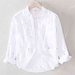 Long Sleeve Spring Autumn Shirts For Men Original Dirty Colourful Print Simple Style Japan Harajuku Linen High Quality Tops Shirt 210721