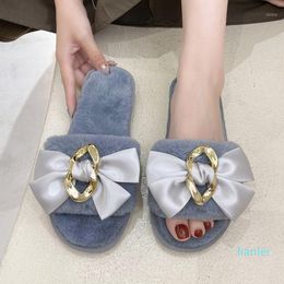 Slippers Winter Chain Bow Decor Indoor Ladies Fur Open-Toe Butterfly-knot Girls Fluffy Bedroom Women Plush Shoes