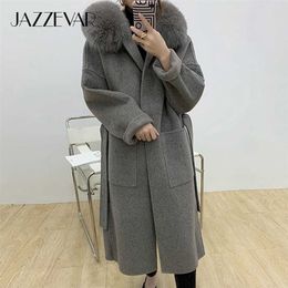 JAZZEVAR winter Casual Women long Real Fur jacket Cashmere double faced Wool Outerwear Ladies oversized hooded coats 211027