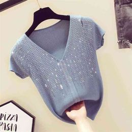 summer Fashion The Diamond V-neck short-sleeved sweater bottoming shirt women's loose thin pullover 210507