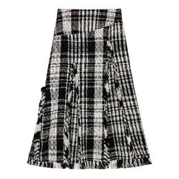 Women Black Plaid Tweed A-line Tassel Empire Midi Skirt Vintage Elegant S0293 210514