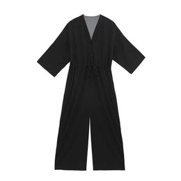 PERHAPS U Women Black V Neck 3/4 Sleeve Sash Full Length Solid Jumpsuit Casual J0023 210529