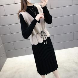 Autumn Winter Women Two Piece Set Vest Knitted Sweater and Vintage Stand Collar Long Sleeve Black Knitting Dress 210430
