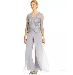 2022 Three Pieces Mother's Dresses Lace Chiffon Mother Of the Bride Pant Suit Dress Scalloped With Jacket Gowns
