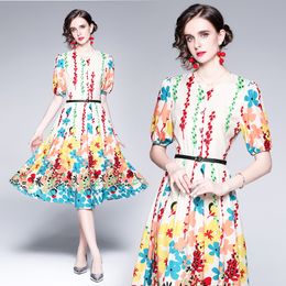 Boutique Floral Dress Puff Sleeve Womens Summer Midi Dresses High-end Elegant Lady Printed Dresses Party Dress