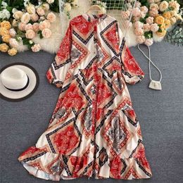 Women Bohemian Dress Vintage Printed Round Neck Long Sleeve Loose Slimming Autumn Female Vestidos GK466 210507