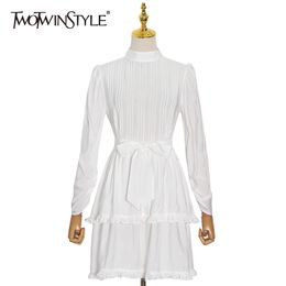 TWOTWINSTYLE Elegant Patchwork Bowknot Dress For Female Stand Collar Long Sleeve High Waist White Dress Women Fashion 210517