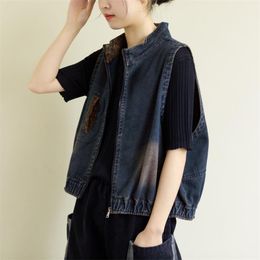 Spring Summer Arts Style Women Loose Vintage Denim Vest Coat all-matched Casual sleeveless Jacket Plus Size S958 210512