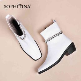 SOPHITINA White Ankle Boots Zipper Female Leather Chain High Quality Shoes Thick Heel Designer Square Toe Lady Shoes Cool C895 210513