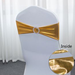 gold chair sash buckles Canada - Metallic Gold Chair Sashes Wedding Chair Decoration Spandex Chair Cover Band With Round Buckle for Party Decor