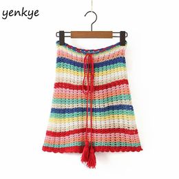 Multicolor Striped Knit Crochet Skirt Women Drawstring High Waist Mini Sexy Female Holiday Summer Boho jupe femme 210514