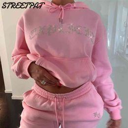 Diamonds Tracksuit 2 Piece Set Women Oversize Hoodies Sweatshirt Sweatpants Joggers Sport Pant Suits Femme Outfits Sweatsuits 210709