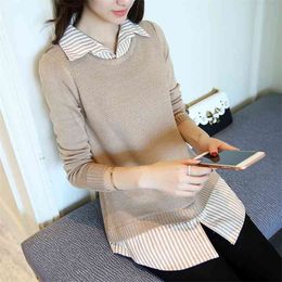 Mid-length Pullover Sweater Women Autumn And Winter Korean Loose Base Shirt Collar Fake Two 210427