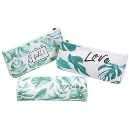 2021 Cute Pencil Bag & Case Pu Leather Green Leaf Letter Hello Student Girls Novelty Storage Bags for School Supply Stationery